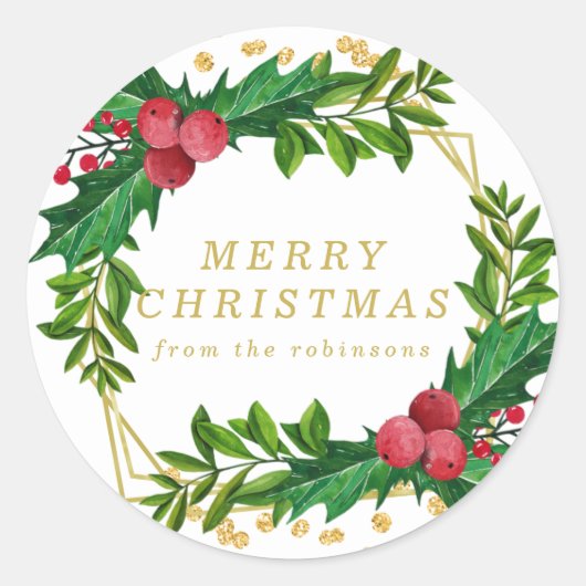 Gold Family Merry Kerstmis Greenery Holly Glitter Ronde Sticker (Voorkant)