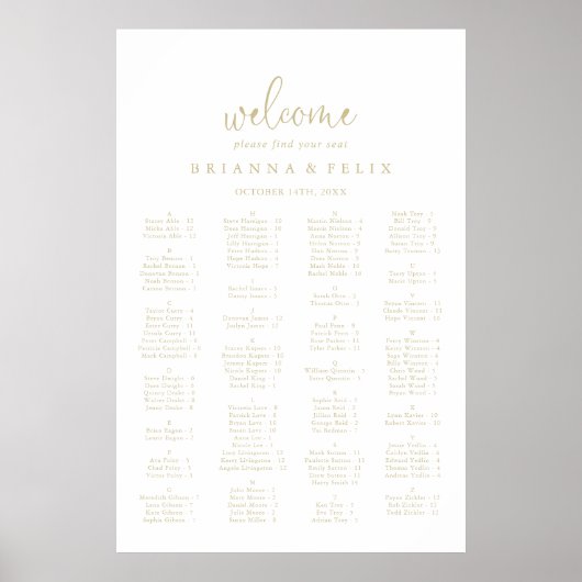 Gold Fancy Love Script Alfabetical Seating Chart Poster (Voorkant)