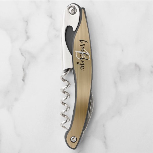 Gold Faux Brushed Metal Monogram Script Kurkentrekker (Voorkant)