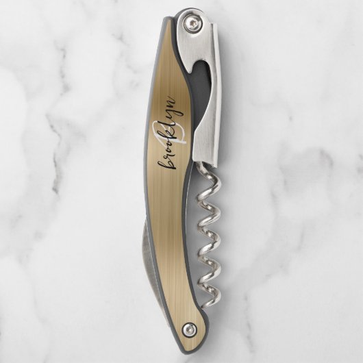 Gold Faux Brushed Metal Monogram Script Kurkentrekker (Achterkant)