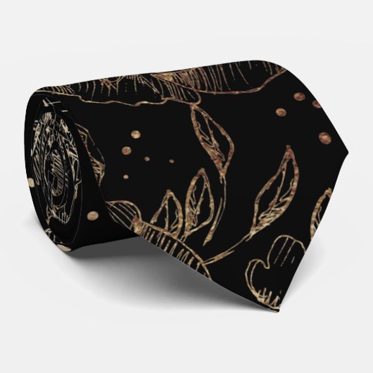 Gold Faux Elegant Black Florals Wedding Stropdas (Opgerold)