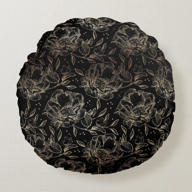 Gold Faux Elegant Hand Drawn Florals Wedding Gift Rond Kussen (Voorkant)