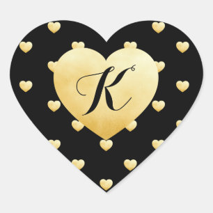 Gold Faux Foil Heart Pattern op Black Monogramed Hart Sticker