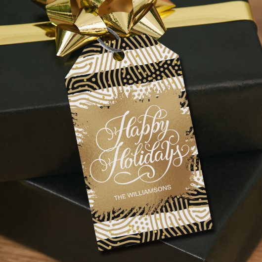 Gold Faux Folie Black White Stripes Holiday Cadeaulabel