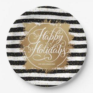 Gold Faux Folie Black White Stripes Holiday Papieren Bordje