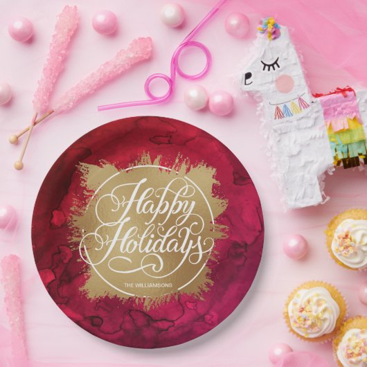 Gold Faux Folie Holiday Kerstmis Rood Waterverf Papieren Bordje (Feest)