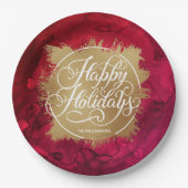 Gold Faux Folie Holiday Kerstmis Rood Waterverf Papieren Bordje (Voorkant)