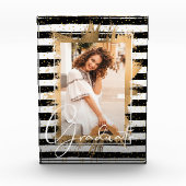 Gold Faux Folie op zwarte witte strepen Afstuderen Fotoblokken (Voorkant)