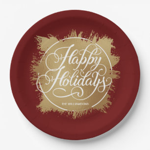 Gold Faux-Folie Prettige feestdagen Burgundy Papieren Bordje