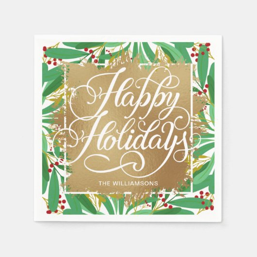 Gold Faux Folie Prettige feestdagen Greenery Berri Servet (Voorkant)