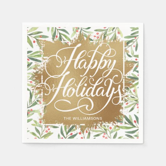 Gold Faux Folie Prettige feestdagen Greenery Berri Servet (Voorkant)