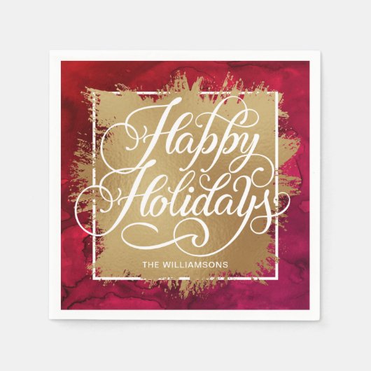 Gold Faux-Folie Prettige feestdagen op rode Waterv Servet (Voorkant)