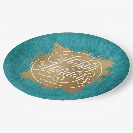 Gold Faux Folie Prettige feestdagen Turquoise Papieren Bordje (Gekanteld)
