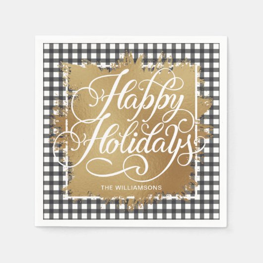 Gold Faux-Folie Prettige feestdagen zwarte cheque Servet (Voorkant)