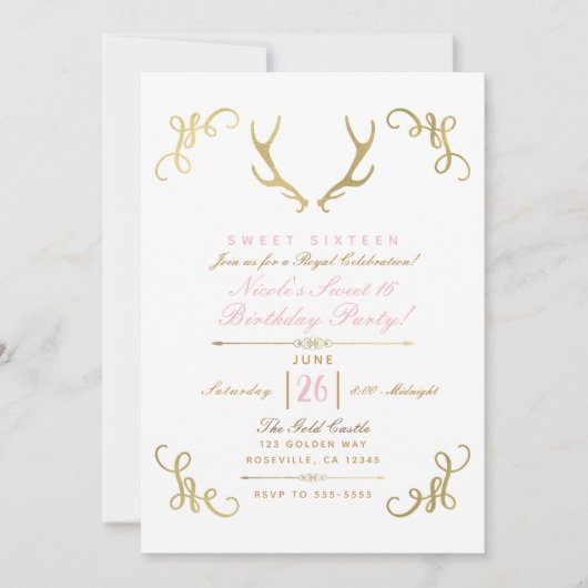 Gold Faux Folie Rustic Deer Antlers Sweet 16 Party Kaart (Voorkant)