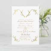 Gold Faux Folie Rustic Deer Antlers Sweet 16 Party Kaart (Staand voorkant)