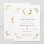 Gold Faux Folie Rustic Deer Antlers Sweet 16 Party Kaart (Voorkant / Achterkant)