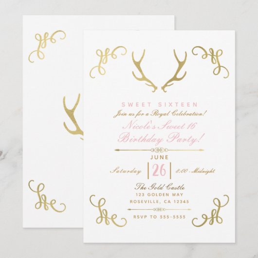 Gold Faux Folie Rustic Deer Antlers Sweet 16 Party Kaart (Voorkant / Achterkant)