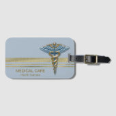 Gold Faux Folie Stripes Medical Light Blue Caduceu Bagagelabel (Voorkant (horizontaal))
