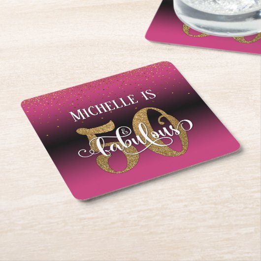 Gold Faux Glitter 50 & Fabulous Pink Ombre Kartonnen Onderzetters (Schuin)