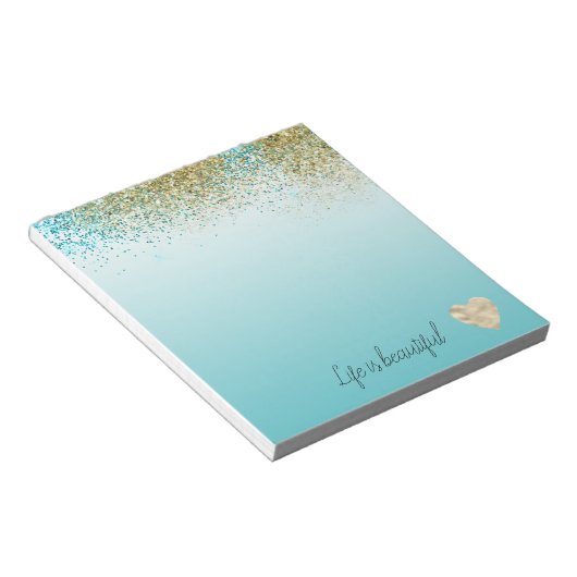 Gold Faux Glitter Aqua Ombre Heart   Notitieblok (Schuin)