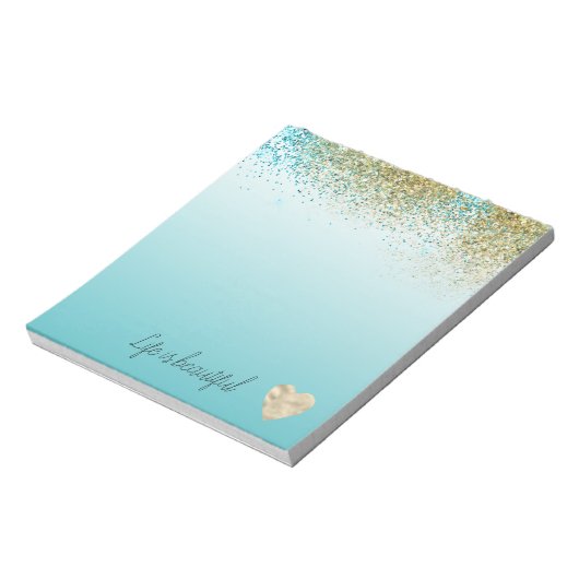 Gold Faux Glitter Aqua Ombre Heart Notitieblok (Linkerzijde)