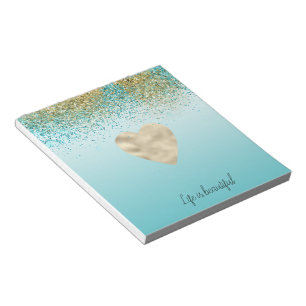 Gold Faux Glitter Aqua Ombre Heart Notitieblok