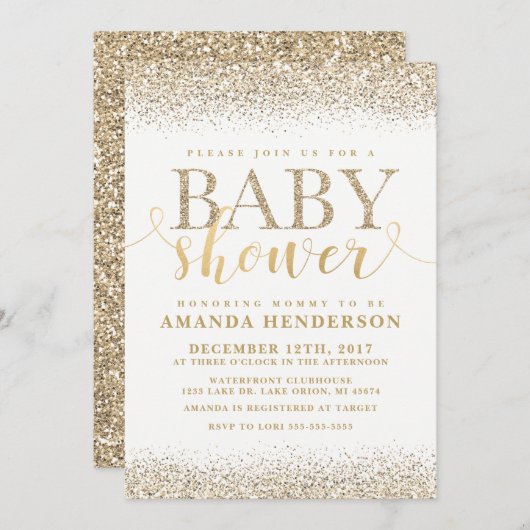 Gold Faux Glitter Baby shower Invitation Kaart (Voorkant / Achterkant)