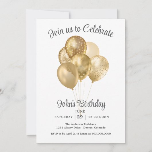 Gold Faux Glitter Balloon Birthday Party Kaart (Voorkant)
