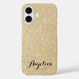 Gold Faux Glitter Black Script Typografie Naam iPhone 16 Hoesje