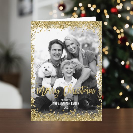 Gold Faux Glitter Border Kerstfoto gevouwen Feestdagen Kaart
