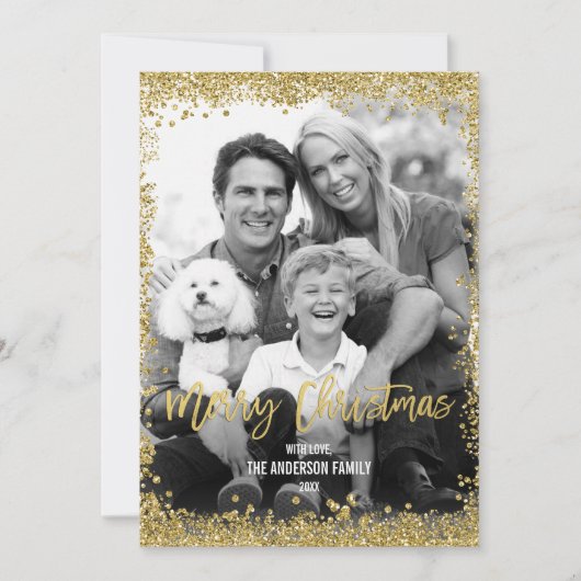 Gold Faux Glitter Border Kerstvakantie Foto Feestdagenkaart (Voorkant)