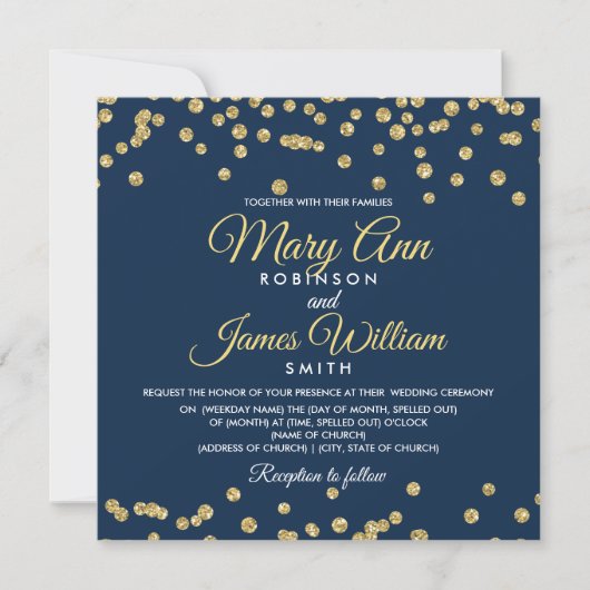 Gold Faux Glitter Confetti Elegant Wedding Navy Kaart (Voorkant)