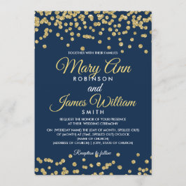 Gold Faux Glitter Confetti Elegant Wedding Navy Kaart