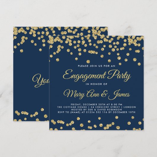 Gold Faux Glitter Confetti Engagement Party Navy Kaart (Voorkant / Achterkant)