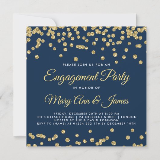 Gold Faux Glitter Confetti Engagement Party Navy Kaart (Voorkant)