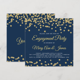 Gold Faux Glitter Confetti Engagement Party Navy Kaart