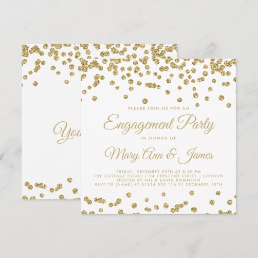 Gold Faux Glitter Confetti Engagement Party - Whit Kaart (Voorkant / Achterkant)