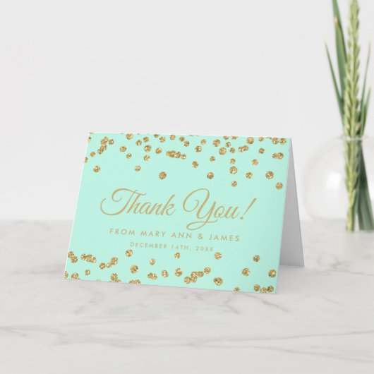 Gold Faux Glitter Confetti Mint Green Bedankkaart (Voorkant)