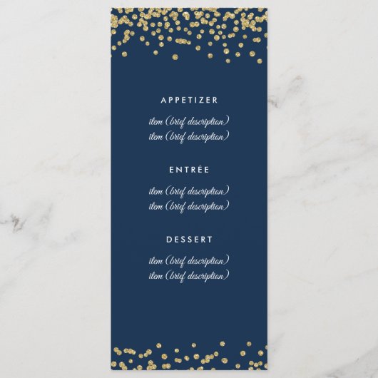 Gold Faux Glitter Confetti Navy Blue Menu (Voorkant)
