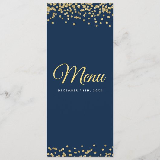 Gold Faux Glitter Confetti Navy Blue Menu (Achterkant)