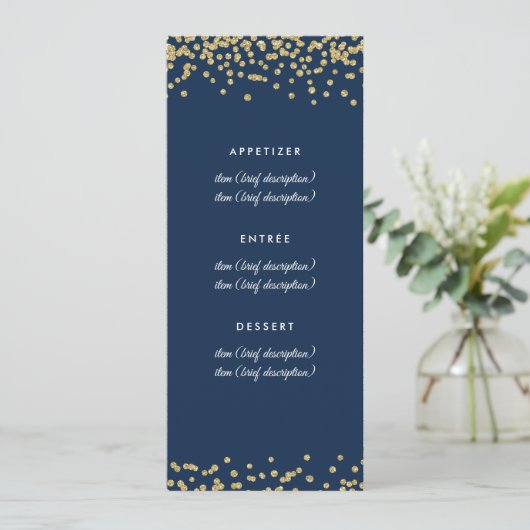 Gold Faux Glitter Confetti Navy Blue Menu (Staand voorkant)