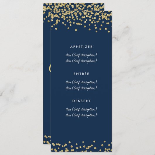 Gold Faux Glitter Confetti Navy Blue Menu (Voorkant / Achterkant)