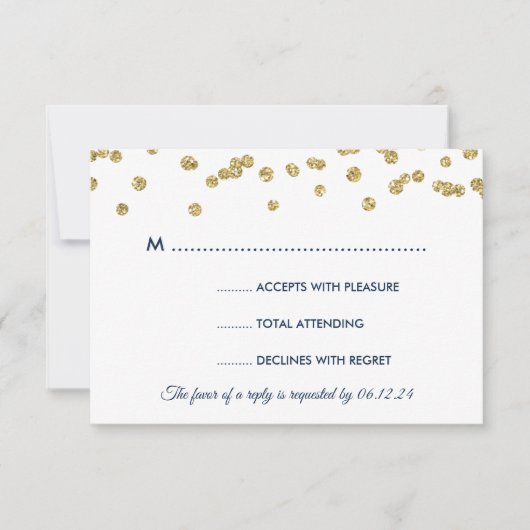 Gold Faux Glitter Confetti Wedding Navy RSVP Kaartje (Voorkant)