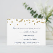 Gold Faux Glitter Confetti Wedding Navy RSVP Kaartje (Staand voorkant)