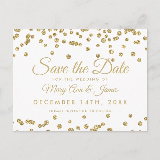Gold Faux Glitter Confetti White Bewaar de datum Aankondigingskaart (Voorkant)