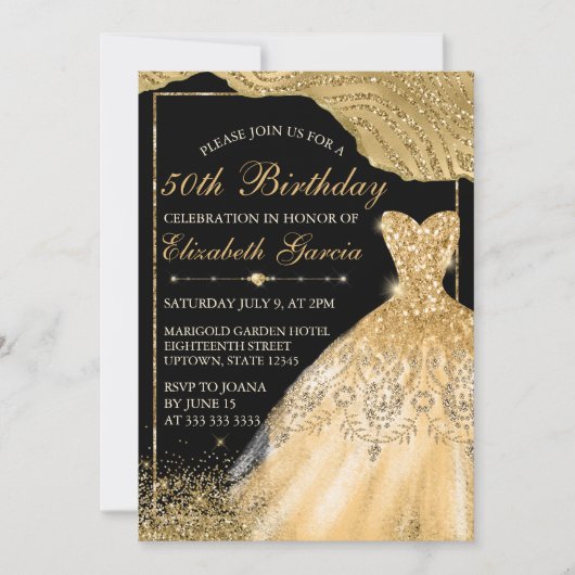 Gold Faux Glitter Dress & Glam Edge Birthday Kaart (Voorkant)