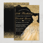 Gold Faux Glitter Dress & Glam Edge Birthday Kaart (Voorkant / Achterkant)