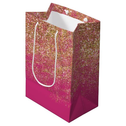 Gold Faux Glitter Girly Pink Sparkle Medium Cadeauzakje (Voorkant Gekanteld)