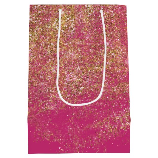 Gold Faux Glitter Girly Pink Sparkle Medium Cadeauzakje (Achterkant)